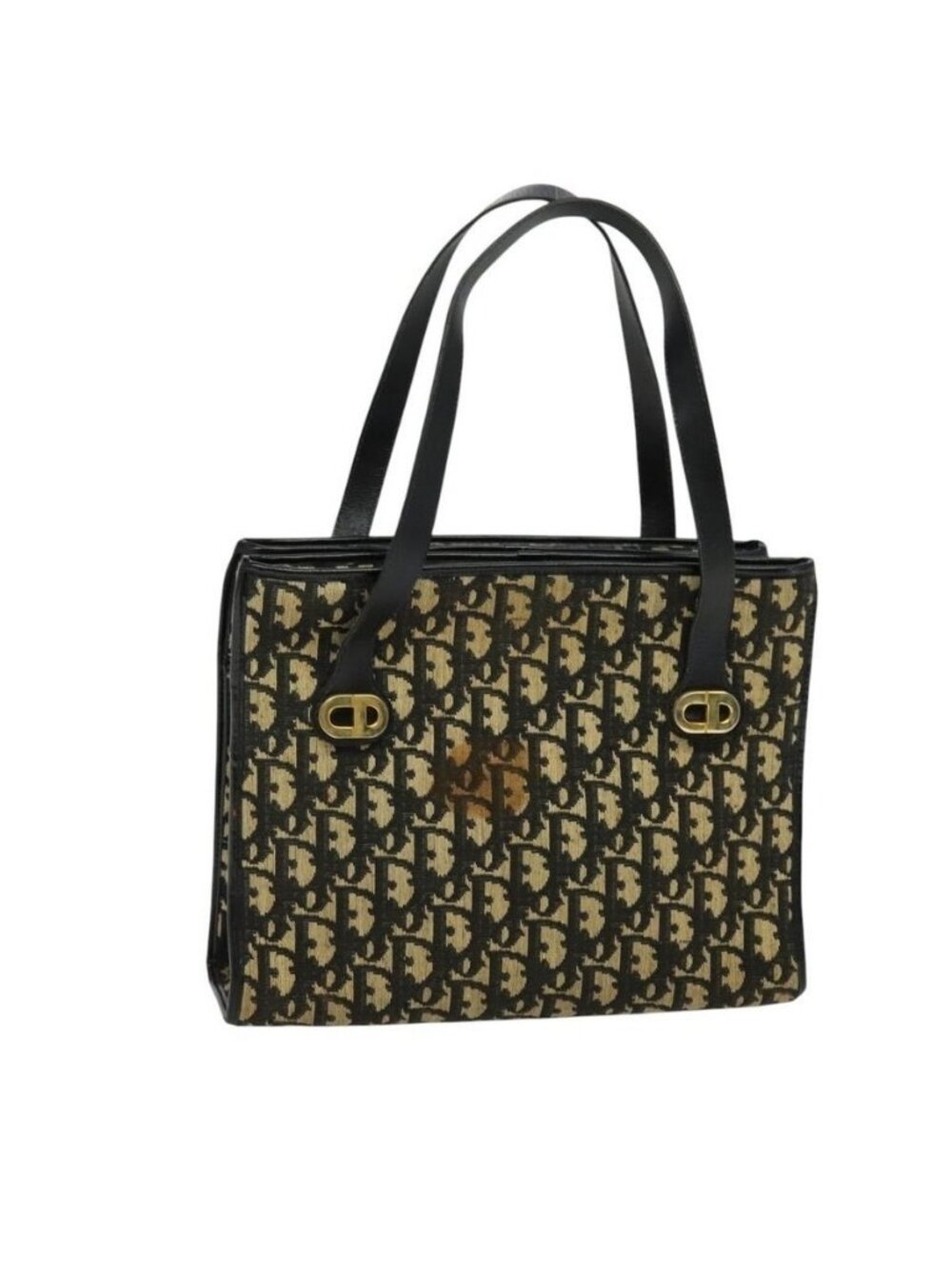Authentic Christian Dior Trotter Canvas Shoulder Bag Black Gold